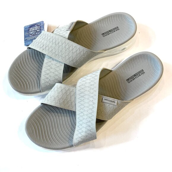 Women’s Silver Sandals Skechers Size 12 Comfort Summer Shoes Slip On Memory Foam - Picture 1 of 4